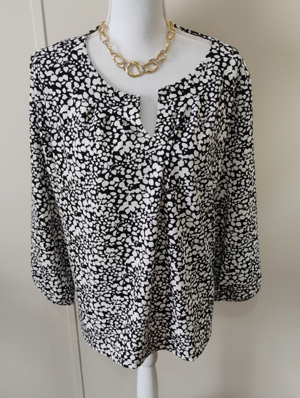 Talbots Black and White Printed Split-Neck Blouse